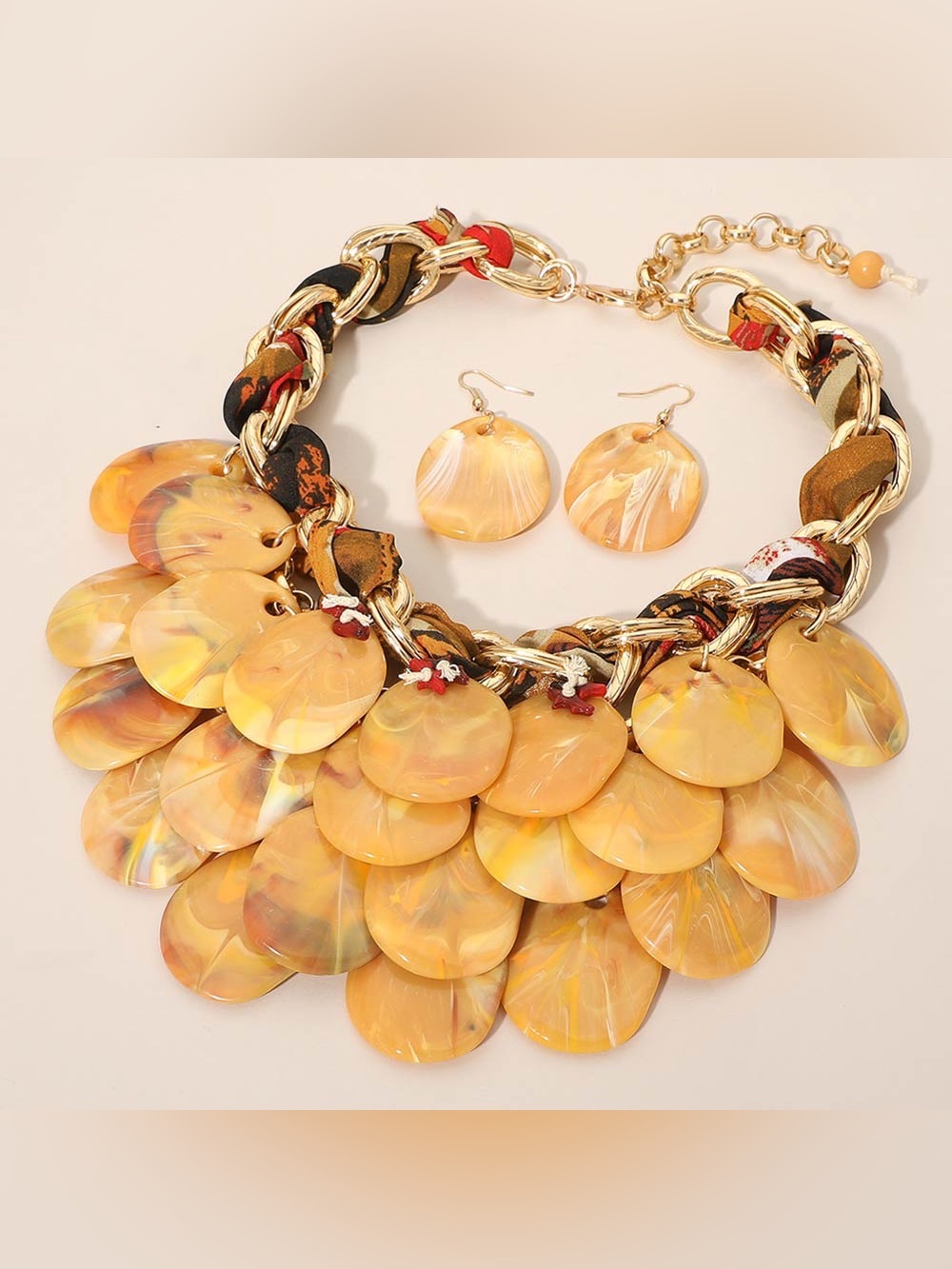 Gold-Accent Yellow Shell Disc Bib Necklace with Matching Earrings